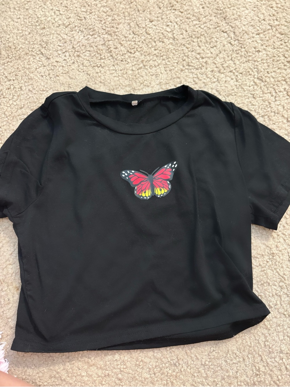 Black Tee with Red and Yellow Butterfly Graphic